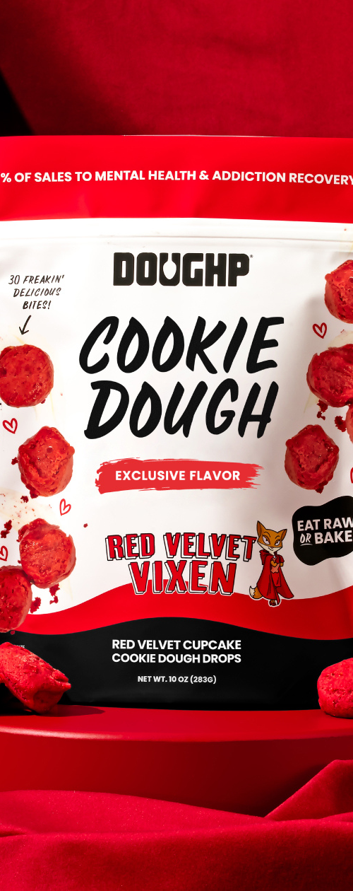 Red background showing a limited edition release of Doughp's product red velvet cookie dough