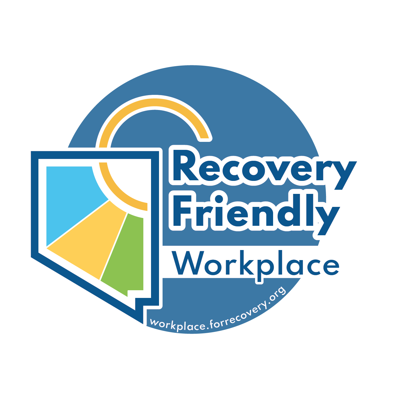 Recovery Friendly Workplace badge. Blue seal with shape of Nevada and a ray of sunshine coming out of it "Recovery Friendly Workplace" written out