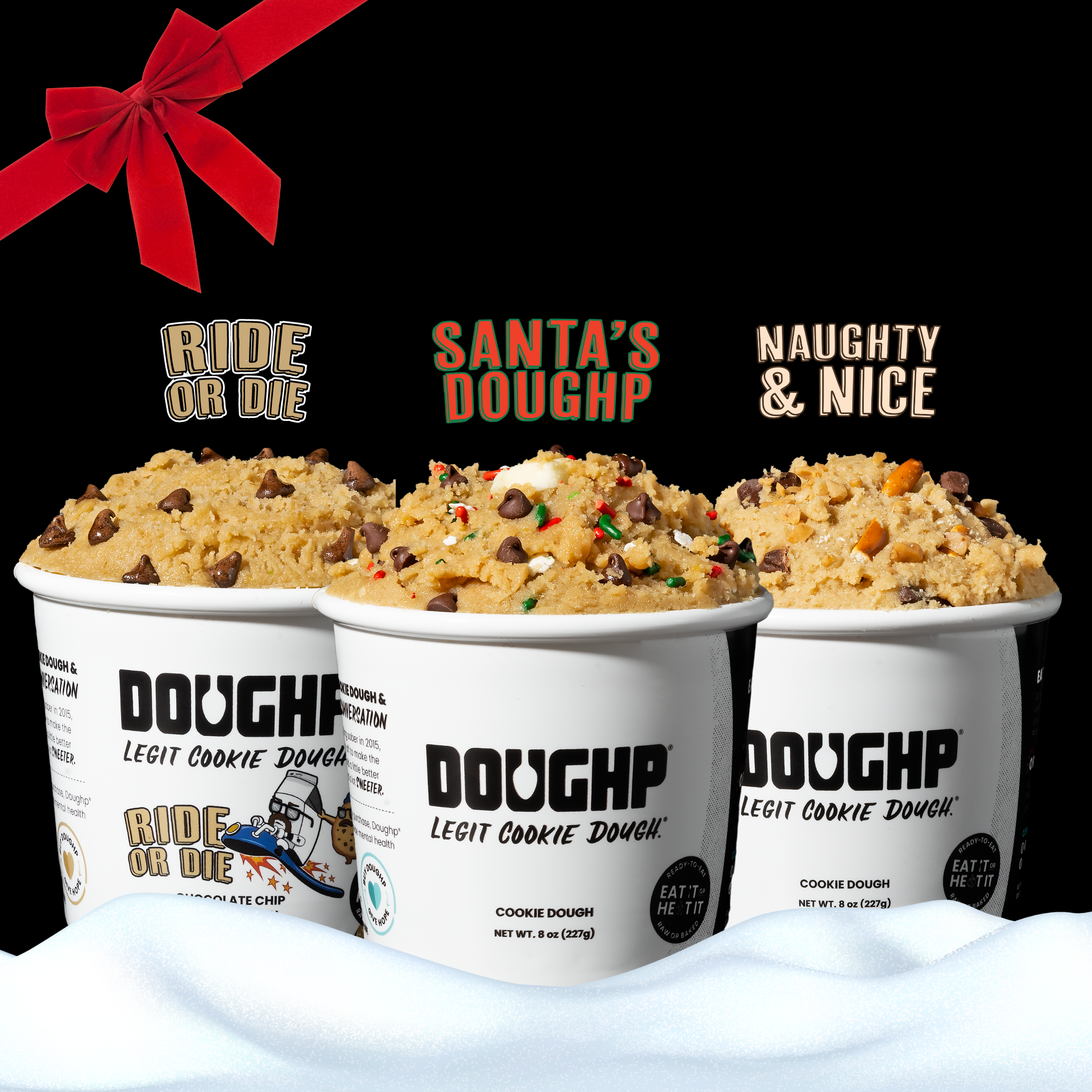 Close up shot of Doughp's holiday 3-pack including Santa's Doughp, Naughty and Nice, and Ride or Die flavors