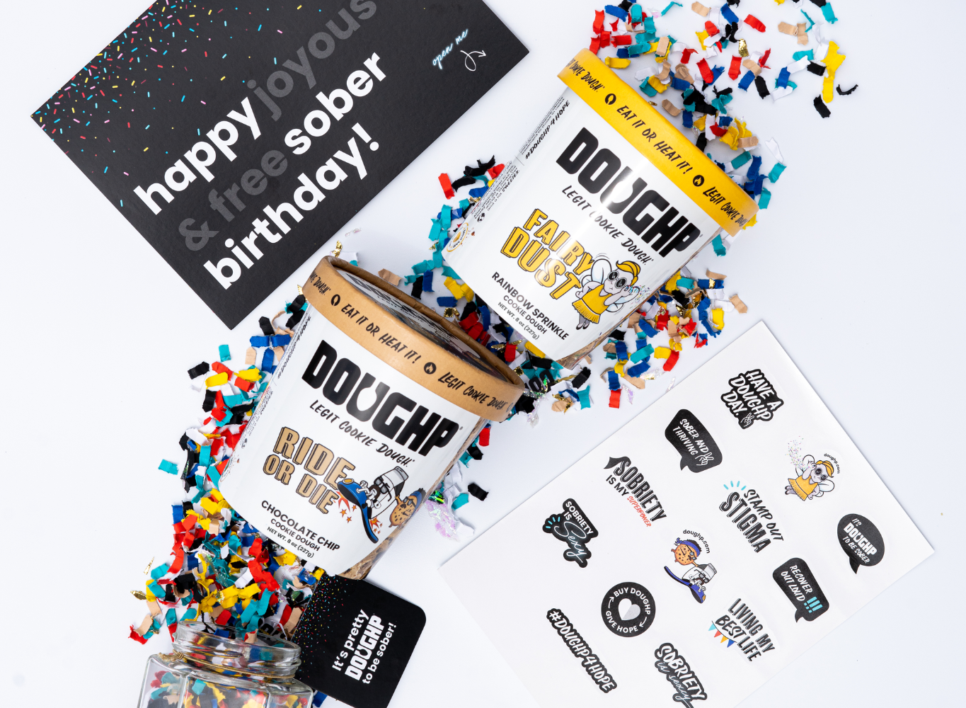 Sober Birthday Box with cookie dough, confetti, card and stickers!
