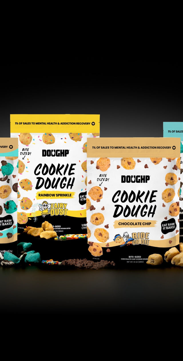 Four cookie dough drops packaging from Doughp displaying chocolate chip, cookies and cream, rainbow sprinkles, and mixed flavors.
