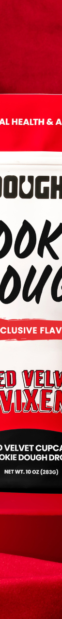 Red background showing a limited edition release of Doughp's product red velvet cookie dough