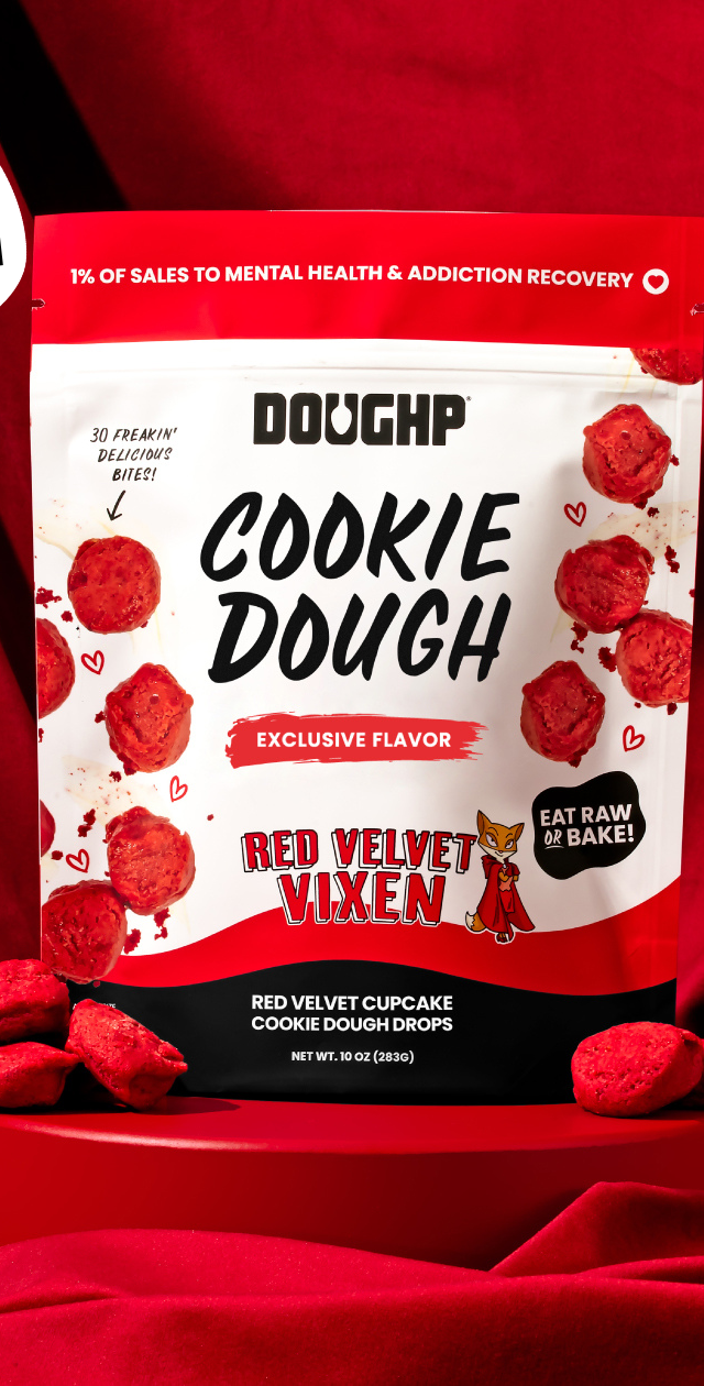 Red background showing a limited edition release of Doughp's product red velvet cookie dough